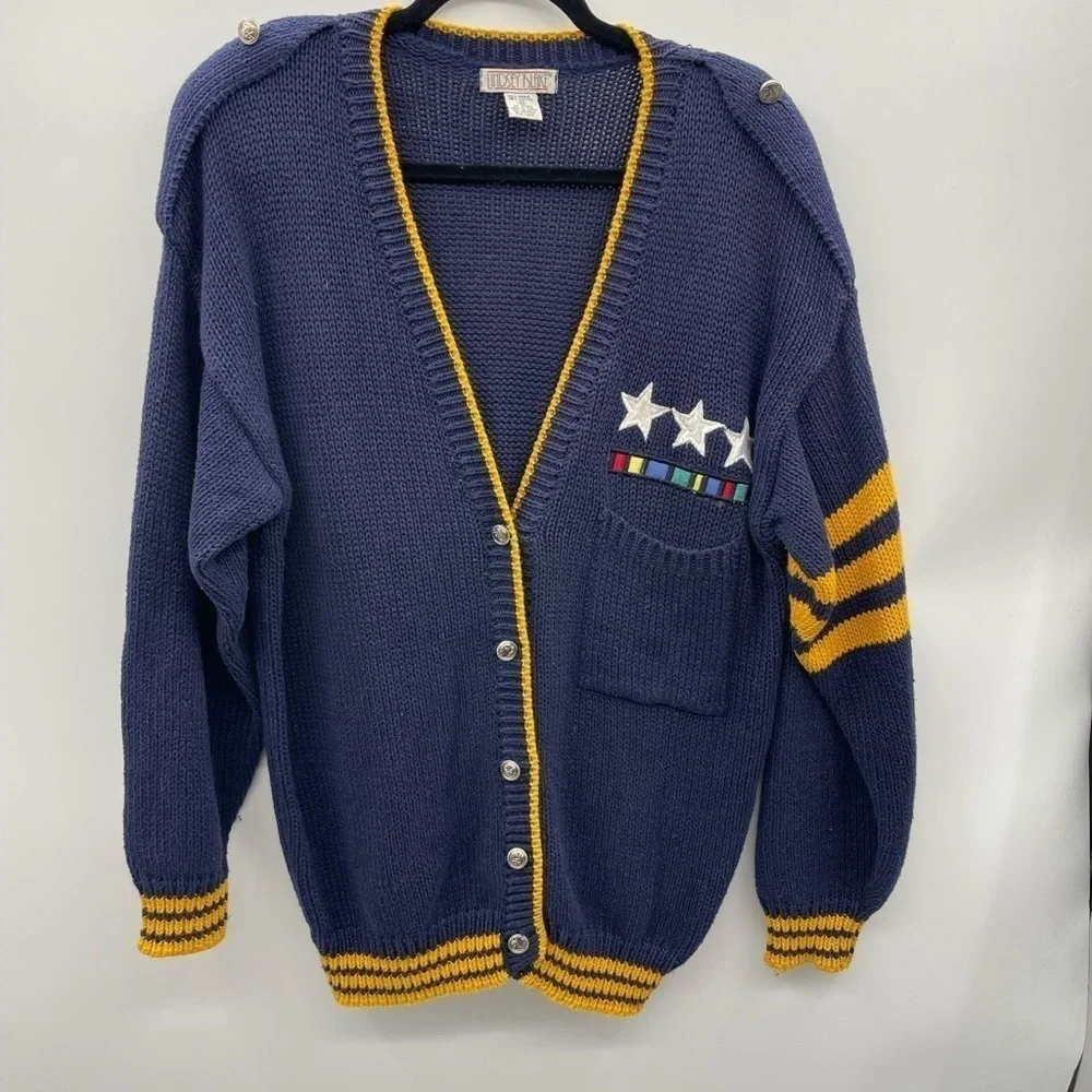 Y2K VINTAGE LINDSEY BLAKE M Military naval nautical yellow woman cardigan - Picture 2 of 7